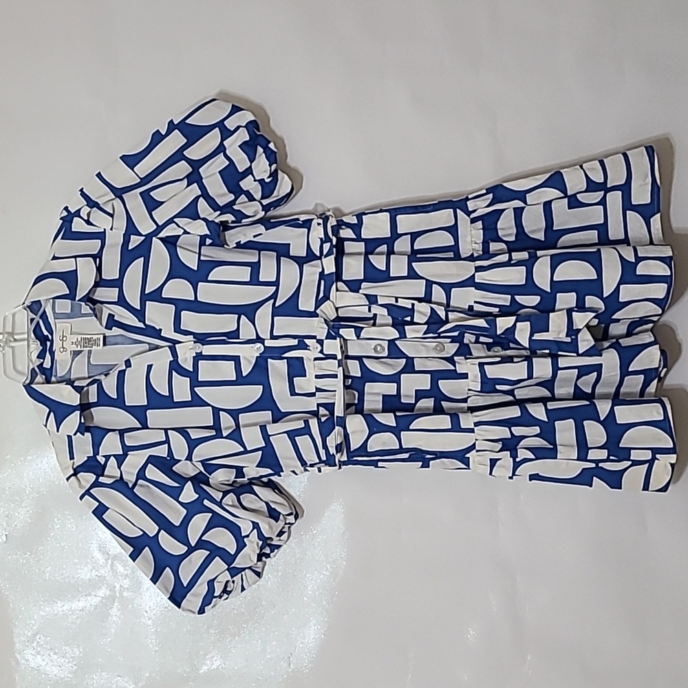 JESSICA SIMPSON Blue and White Geometric‎ Print Tiered Dress - Size Medium